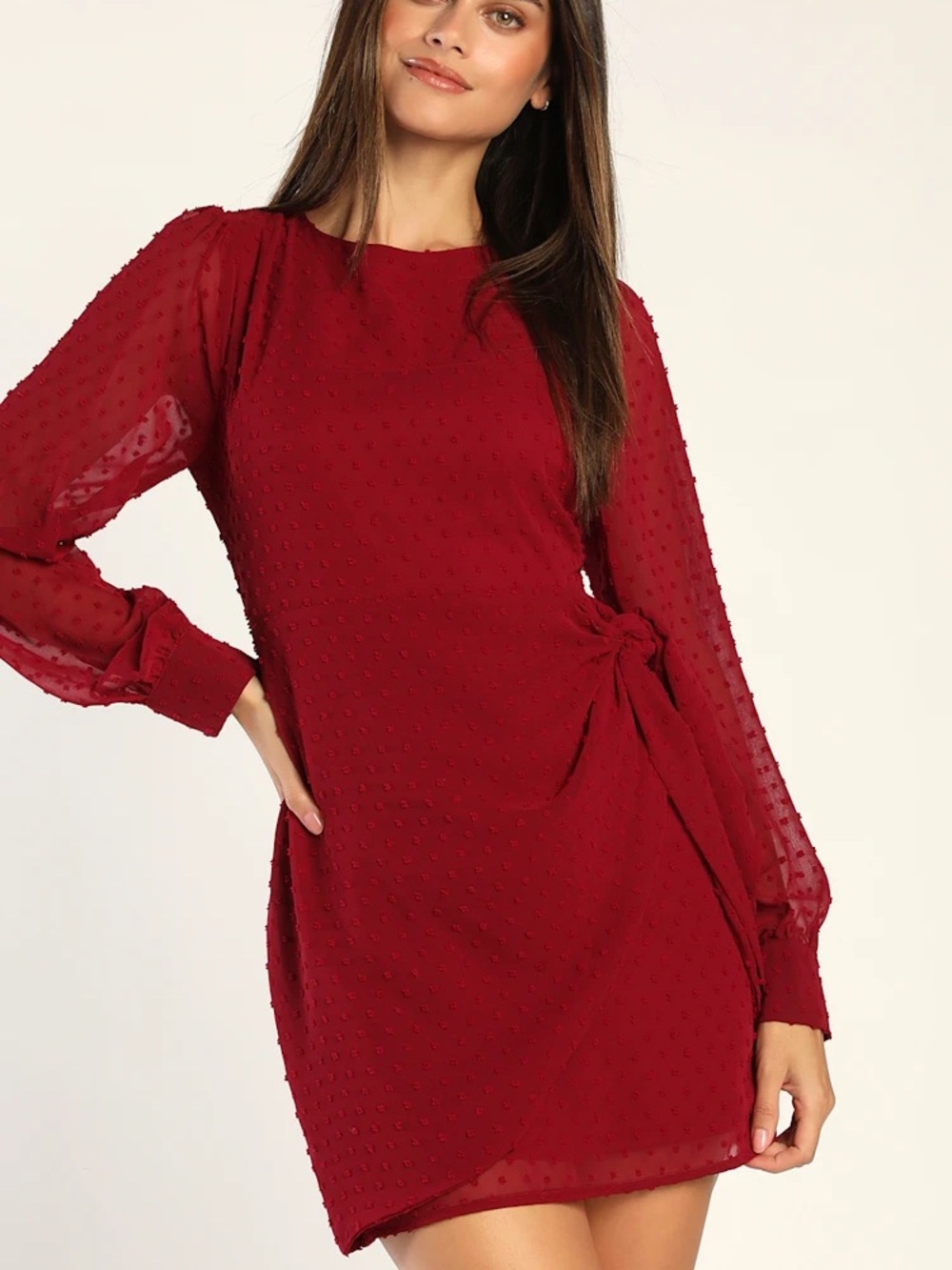 Lulu's Wine Swiss Dot Long-Sleeve Tie-Wrap Mini Dress Size M